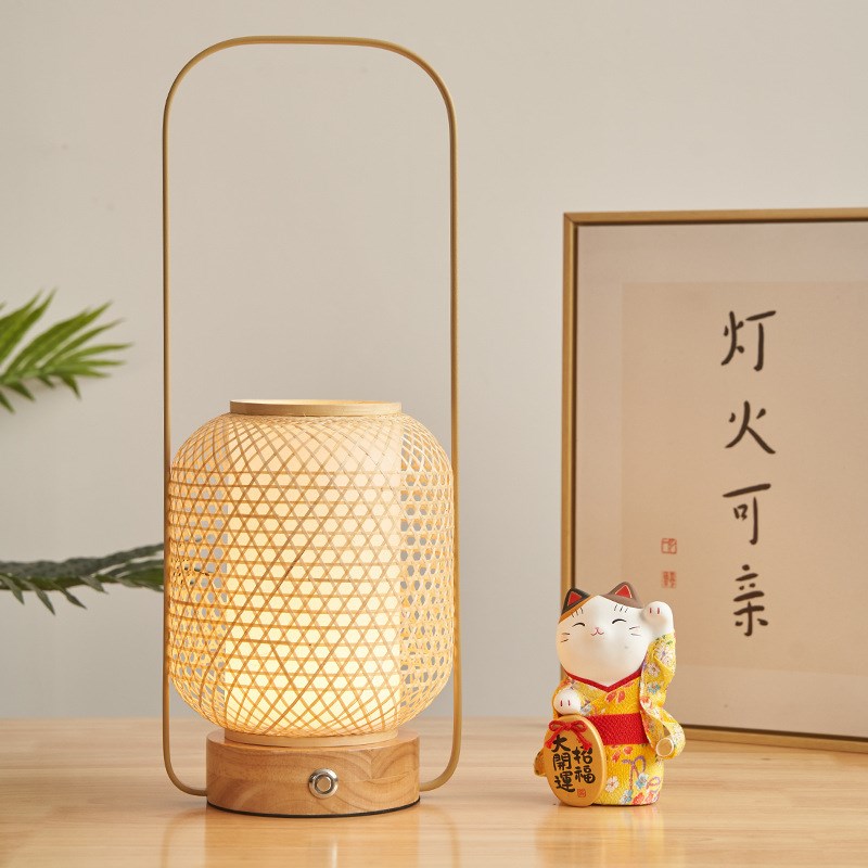 现代中式古风禅意竹编茶室灯v日式书房卧室床头灯露营氛围充电台