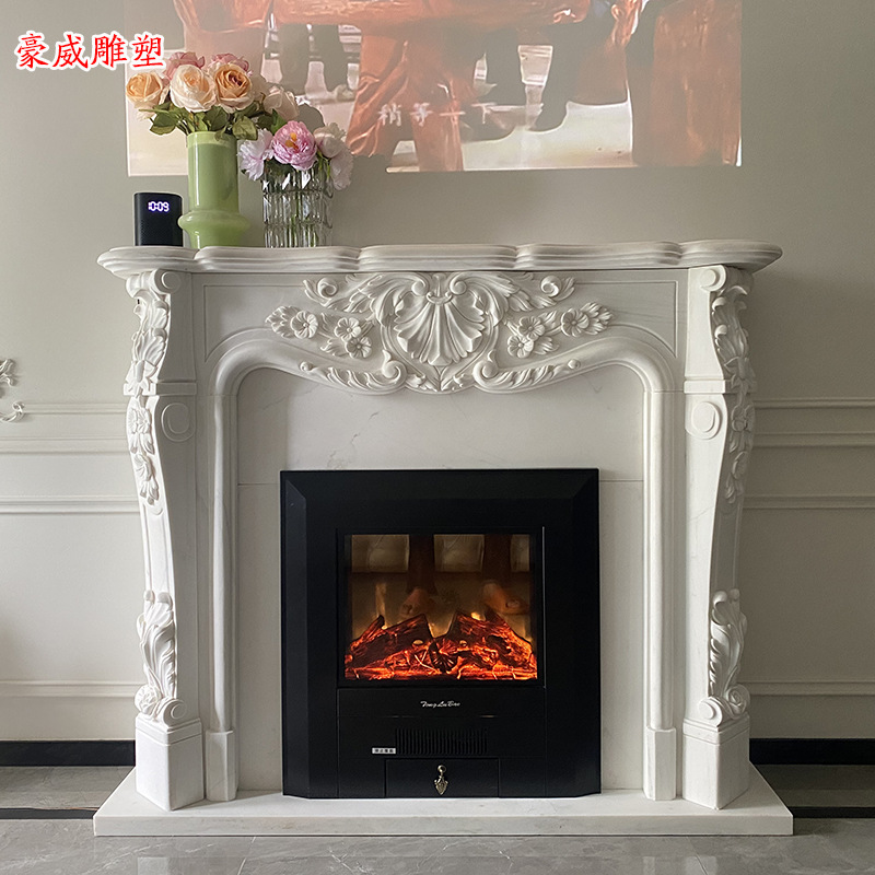 大理石壁炉石雕法式雕花汉白玉简约美式家居装饰壁炉架石材壁炉