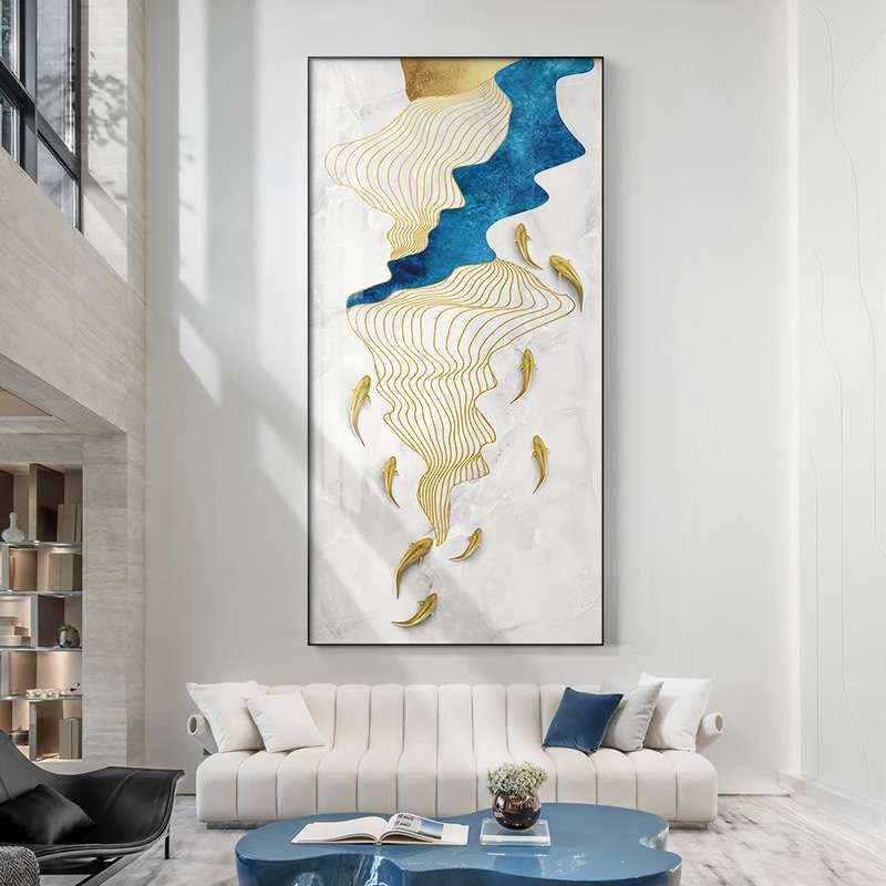 轻奢玄关装饰画九鱼图走廊过道尽头新中式玄幻酒店入户进门墙画图片