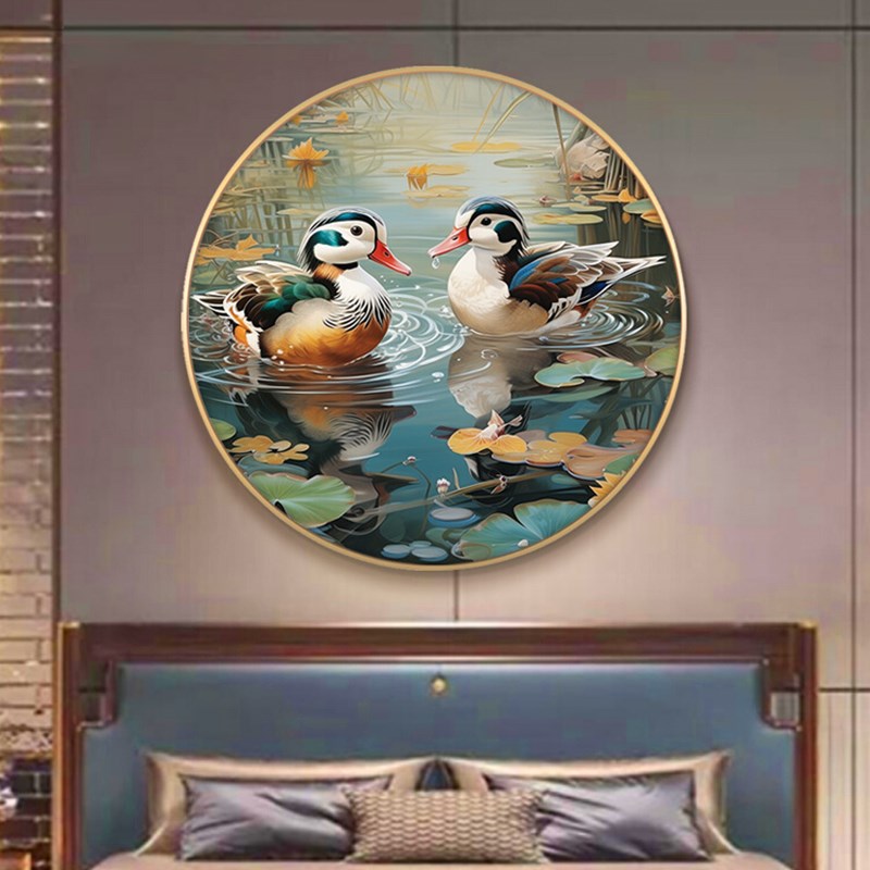 鸳鸯戏水装饰画卧室床头挂画圆形夫妻情侣恩爱荷U花图寓意好壁画