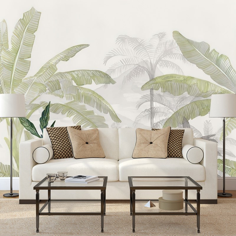 东南亚热带雨林墙纸树叶芭蕉v叶植物壁纸客厅沙发墙布酒店民宿壁
