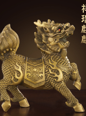 纯铜麒麟摆件一对精m工麒麟家居客厅卧室中式装饰工艺品办公室摆