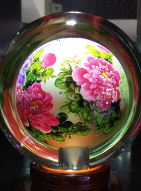 水晶内画球富贵吉祥牡丹花手工艺品艺术国粹客厅玄关装饰送礼摆件