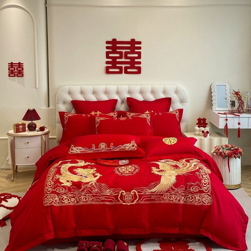 红色婚庆四件套结婚刺绣龙凤床单红色棉婚房新婚床上用品