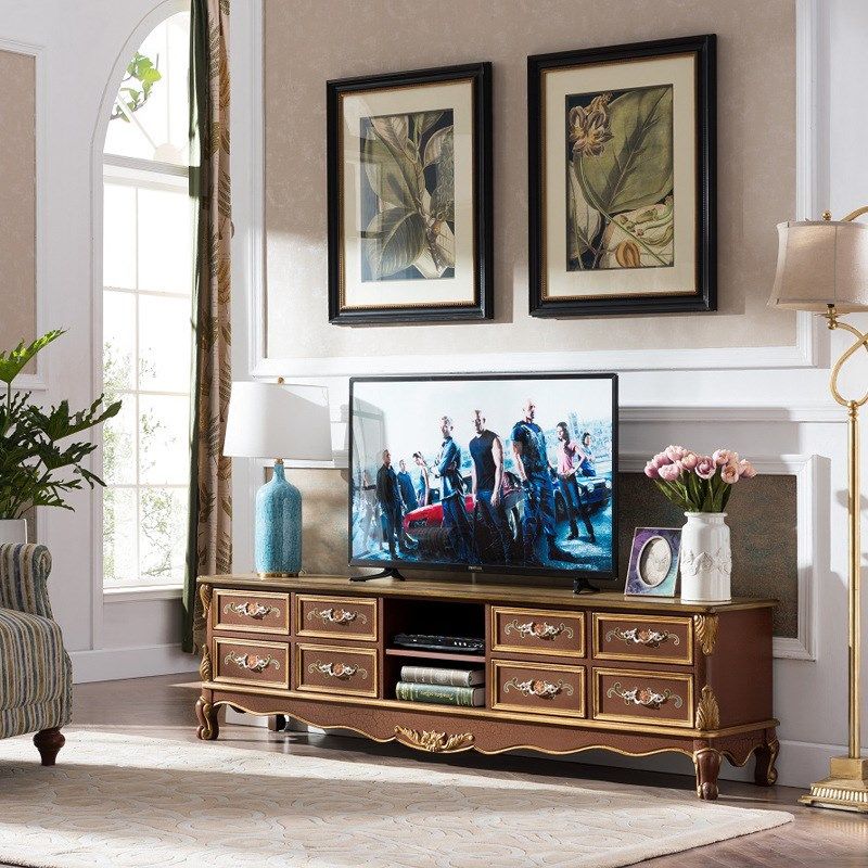 美式乡村手绘电视柜复古做旧手绘客厅地柜小户型带抽屉茶几桌棕色