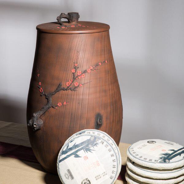 云南建水紫陶梅花根艺纯手工绘刻工艺茶叶缸米缸20升水缸储物缸