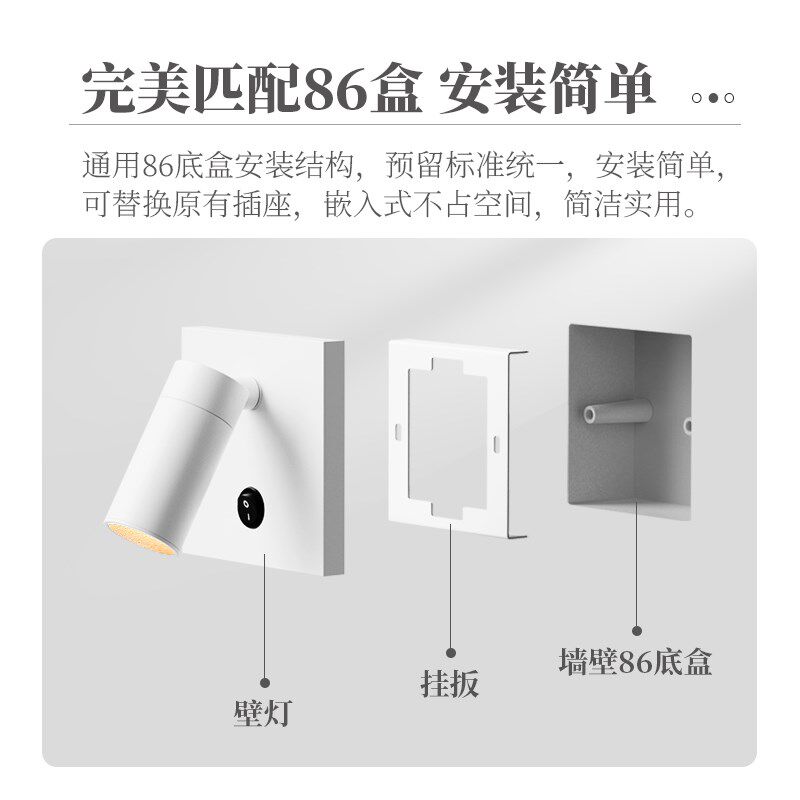 86线盒嵌入式壁灯卧室酒店床头阅读灯方型底盒插座开关改墙壁射灯