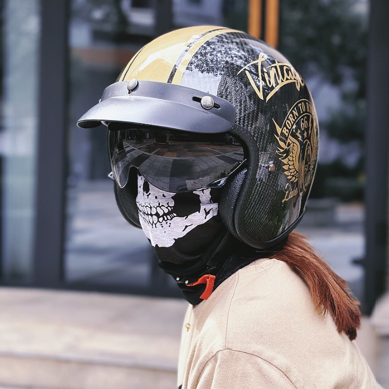 碳纤维半盔大码i机车复古头盔哈巡航雷摩托车头盔踏板碳纤维头盔