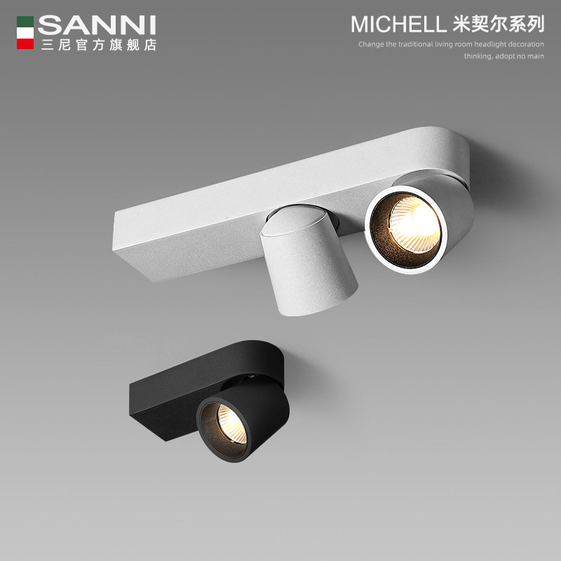 三尼 明装射灯led双头长条形客厅无主灯背景墙照画吸顶式筒灯方形