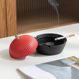 O复古定制个性 陶瓷烟灰缸家用客厅带盖防风防飞灰创意中式 轻奢烟