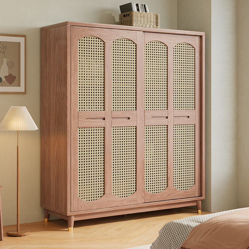 北欧白蜡木实木衣柜现代简约家用卧室储物收纳推拉门四门藤编衣柜