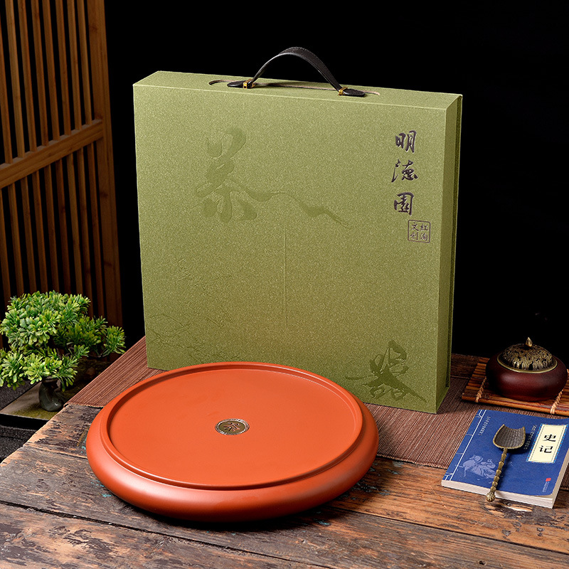 潮州明德园14英寸纯手拉红泥茶盘圆形可排水工夫茶具干泡茶台茶海