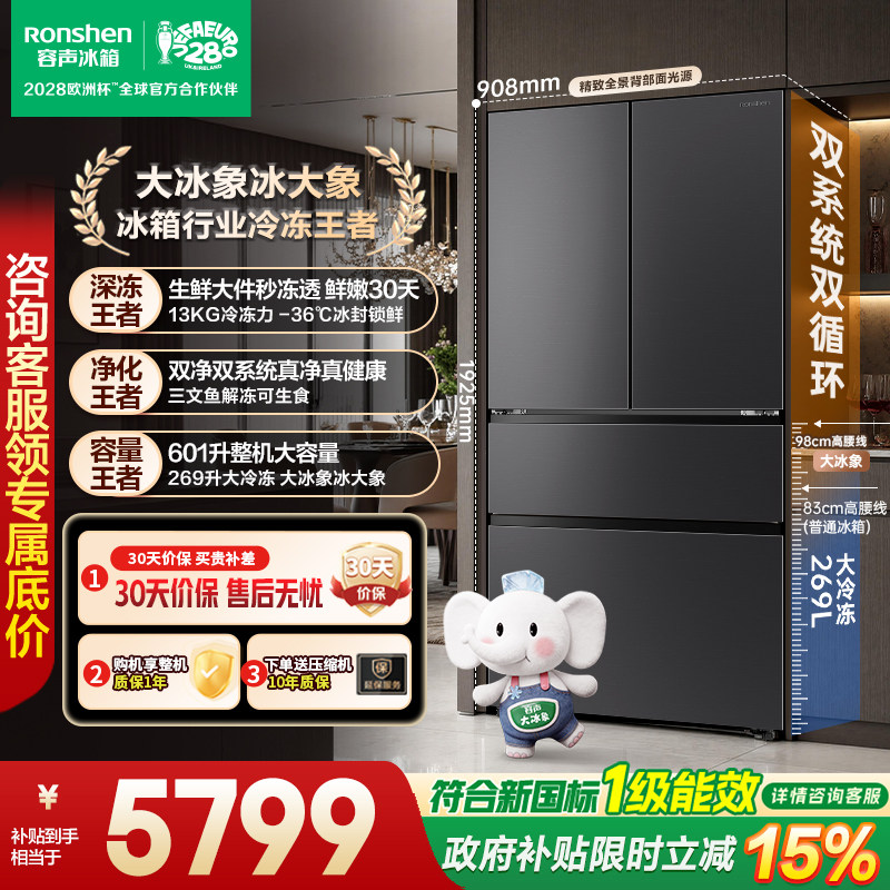 容声大冰象601L双系统法式多门家用大容量超薄嵌入式冰箱国家补贴