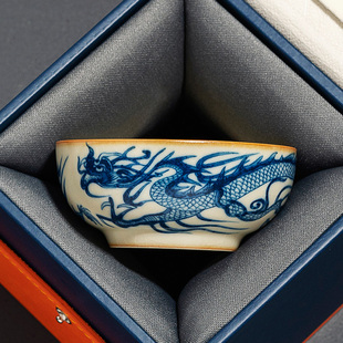 青花龙纹汝窑茶杯主人杯陶瓷家用普洱杯功夫茶具个人专用高档茶盏
