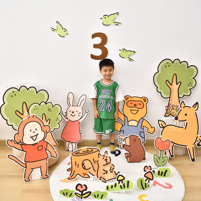 桌面KT板宝宝儿童生日百天满月1周岁卡通拍照兔子动物装饰布置