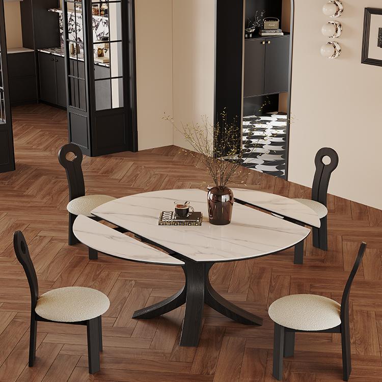 奥古斯特小蛮腰复古岩板餐桌可伸缩方圆两用黑色意式轻奢实木餐桌