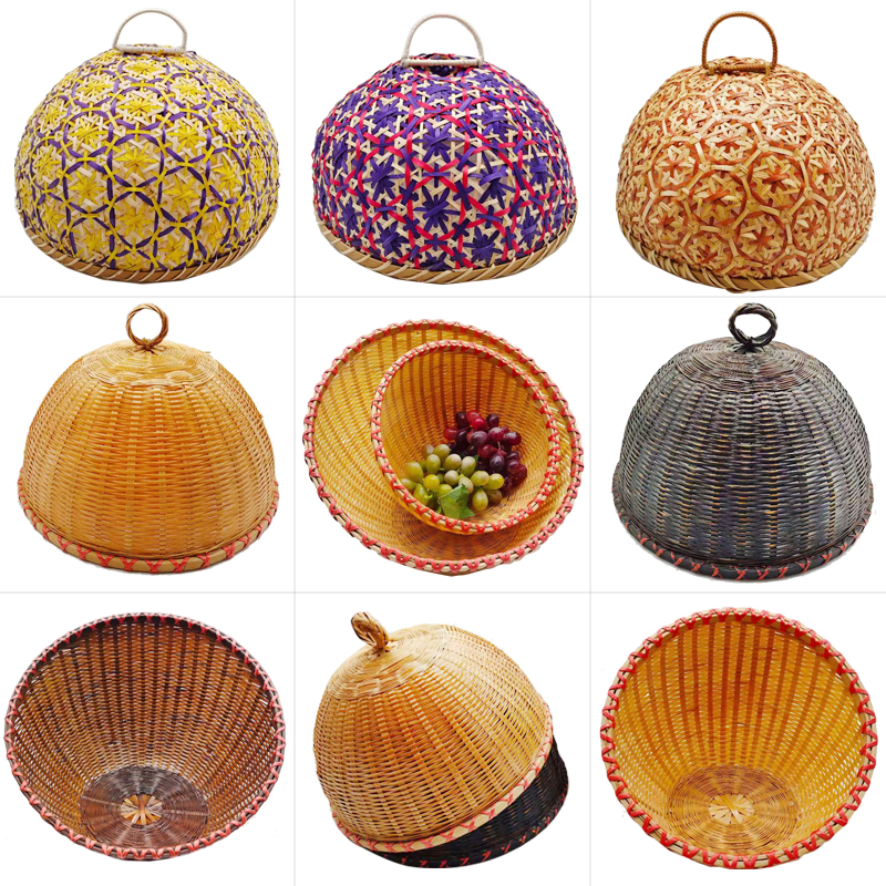 斜口竹编水果篮圆形彩色黑色编织盖款农家饭桩菜装饰盖鸡创意篮子
