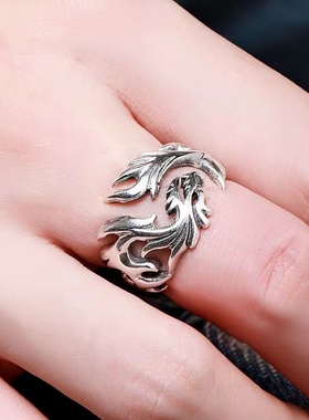 s925银中国风开l口戒指男士单身霸气龙纹指环复古嘻哈泰银潮男个