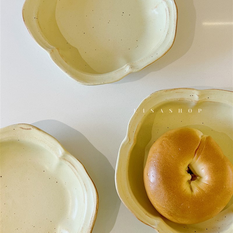 lisashop日式手作粗陶复古深D盘浮雕梨花拌面碗家用菜盘陶瓷餐具