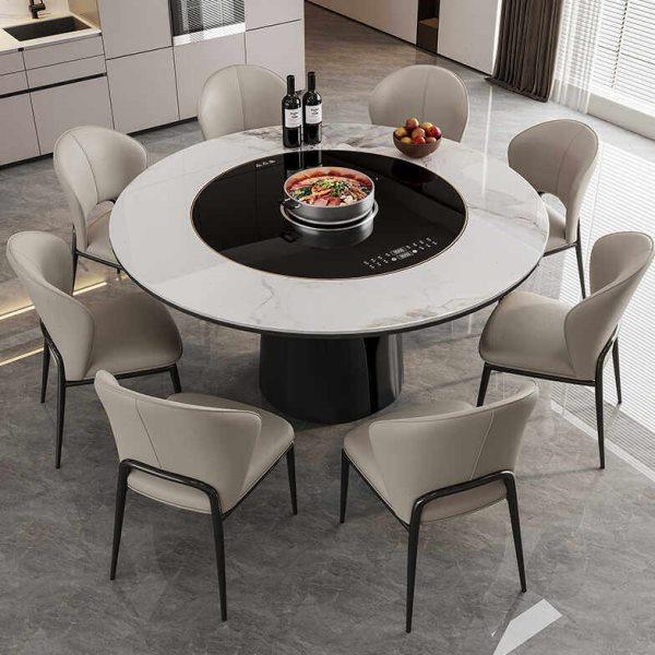 意式岩板内嵌圆桌家用小户型现代简约智能转盘带电磁炉轻奢餐桌椅,住宅家具,岩板餐桌,淘宝优惠券,粉丝福利购,淘宝优惠卷