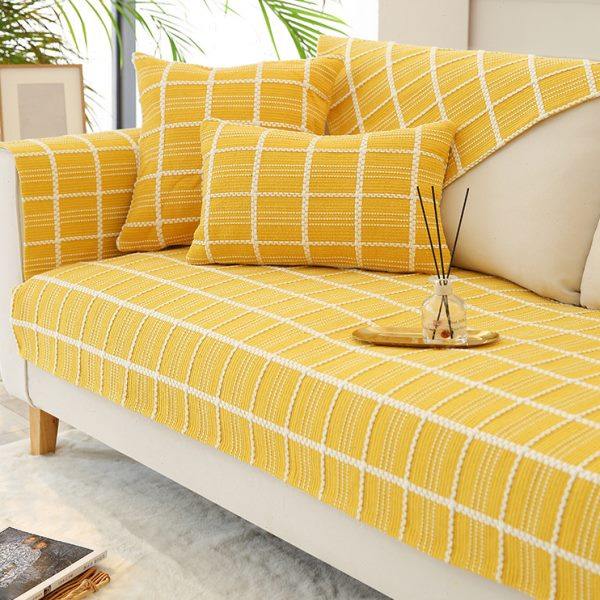 棉麻格子沙发垫四季通用简约现代客厅实木沙发套罩巾防滑亚麻盖布