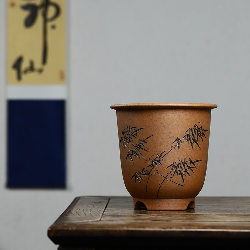 秦夕洪精品紫砂兰花盆刻绘金钟春兰建兰植物桌面花卉绿植透气简约