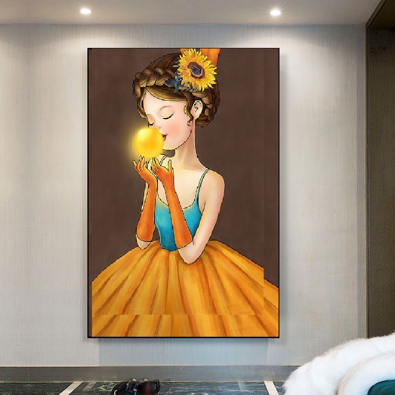 美少女吹泡泡物橙色装饰画太阳菊卧室背影挂画