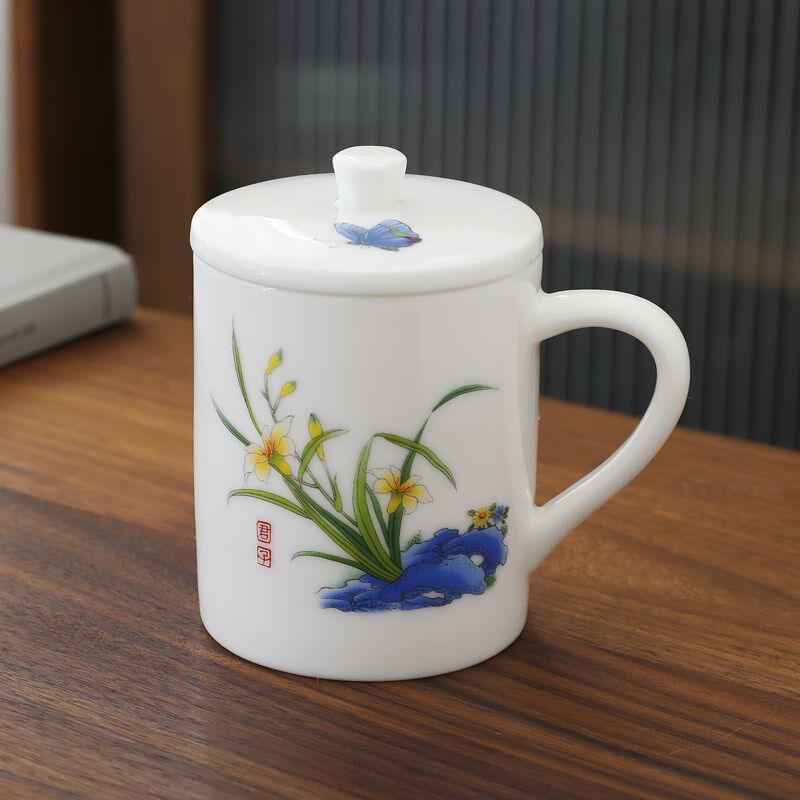 水彩兰水杯办公杯泡茶喝水大茶杯带盖马杯杯子会议杯
