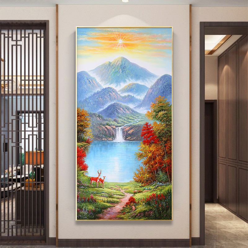 山水风景瀑布日出麋鹿数字油画diy油彩画填色客厅手绘装饰画玄关图片