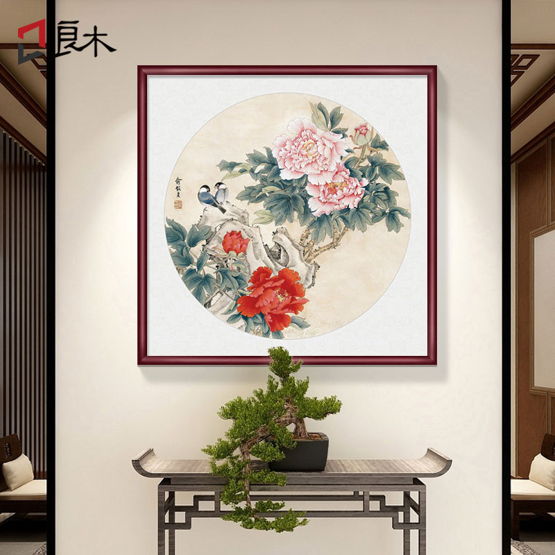 国画牡丹挂画新玄关装饰画富贵客厅壁画手绘斗方墙画