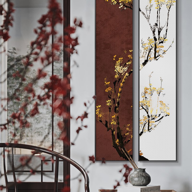 平面玄关装饰画新中式双联竖版长条壁画浮体挂画入户过道背景网红图片