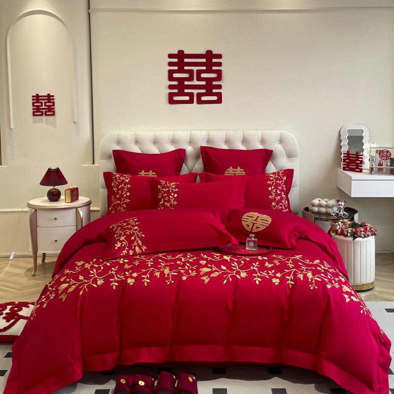 红色婚庆四件套结婚刺绣龙凤床单红色棉婚房新婚床上用品