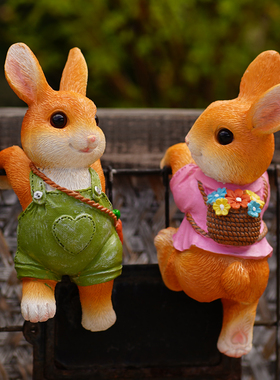 卡通兔子花盆挂件鱼缸边悬挂摆件花园庭院阳台攀爬花缸造景装饰品