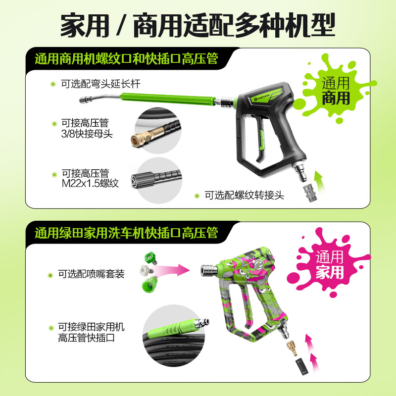 绿田G19精护短枪柄高压洗车机快插水枪抢杆家用清洗机配件工具