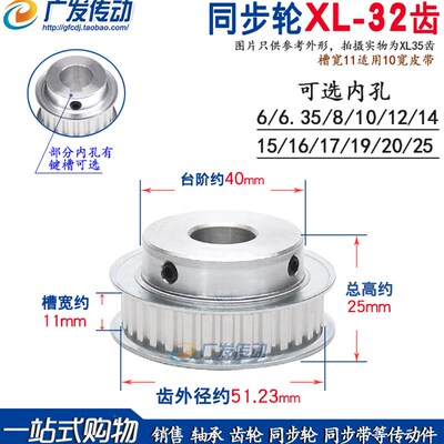 同步轮XL32齿/T BF型 同步带轮 槽宽11 键槽 内孔6-25 凸台带顶丝