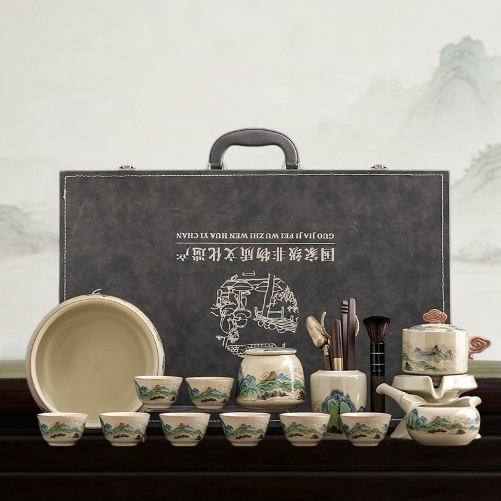 整套千里江山陶瓷茶具套装功夫茶杯茶壶盖碗商务礼品高档礼盒套装