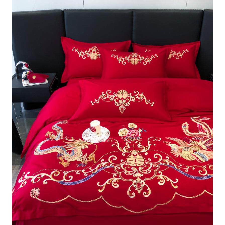 高档龙凤刺绣婚庆四件套大红色新房喜嫁被套床单结婚陪嫁床上用品