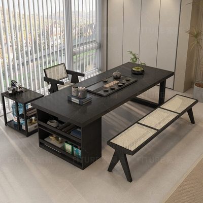 阳台实木侘寂风茶桌椅组合办公室客厅泡茶台原木大板黑色阳台泡茶