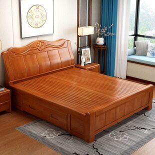 1米8橡木实木床双人床现代简约木头床1.5储物大床200x220工厂直销