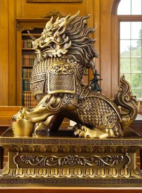 纯黄铜麒麟公母一对摆件聚财纳福麒麟客厅玄关家居办公桌面装饰品