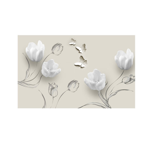 8D欧式浮雕电视背景墙壁纸简约现代时尚郁金香壁画5D立体蝴蝶无纺