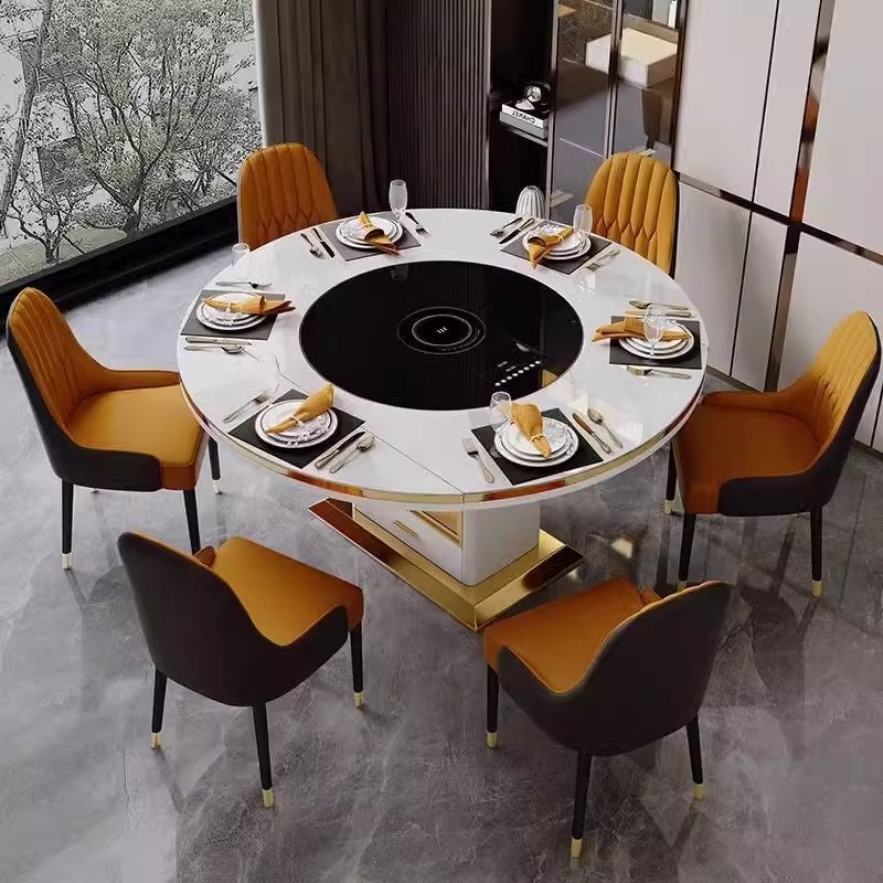 轻奢多功能可方可圆形电磁炉暖菜内嵌式岩板转盘可折叠餐桌椅组合