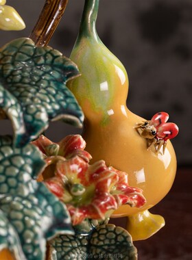 石湾摆件五福临门葫芦福禄陶瓷公仔高端中式家居饰品客厅玄关摆件