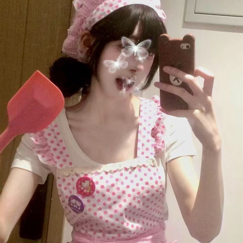 爆款ins风韩系粉白波点围裙可爱公主风实用防污耐脏厨房工作服