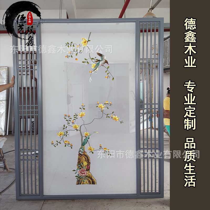 新中式现代简约布艺屏风 木质移动折叠入户玄关实木花格房间隔断