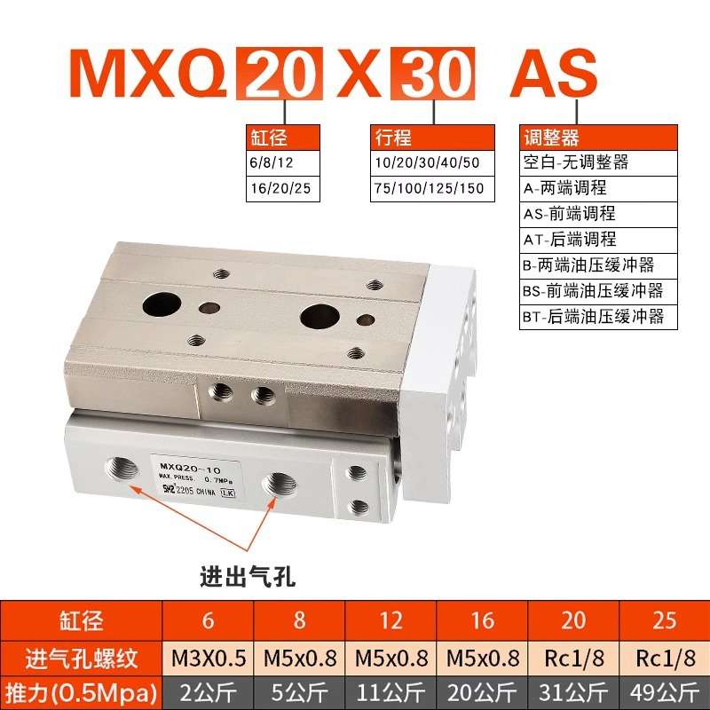 SMC型气动导轨精密滑台气缸MXQ8/6/12/16/20/25-10X20X30/50小型