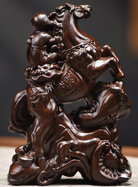 实木马上封侯摆件黑檀木雕猴子骑马拿印马上发财工艺礼品布局装饰