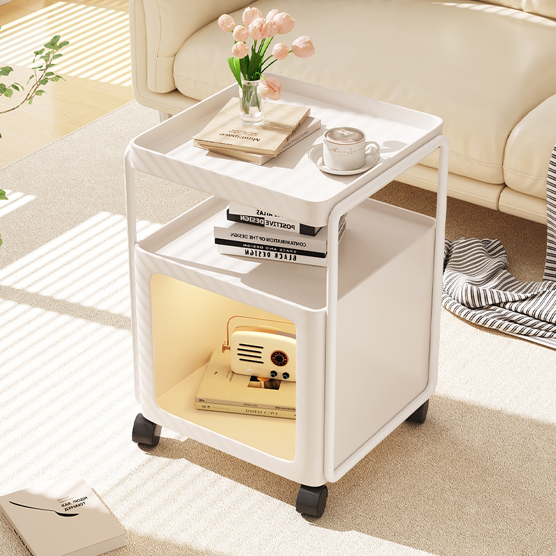 可移动奶油e风沙发边几铁艺小推车客厅侧边柜床头置物架现代简约
