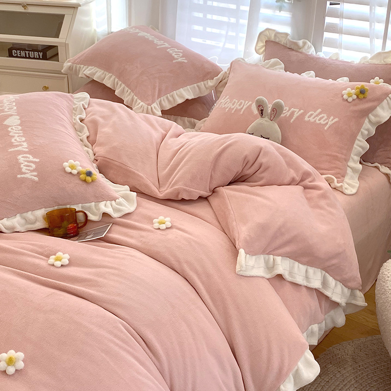 A类牛奶绒床品四件套冬季v珊瑚绒面被套公主风法兰加绒床单三件套