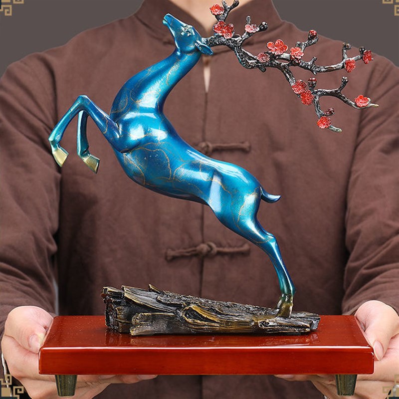 纯铜梅花鹿摆件j招财彩铜鹿工艺品中式博古架装饰客厅玄关酒柜摆